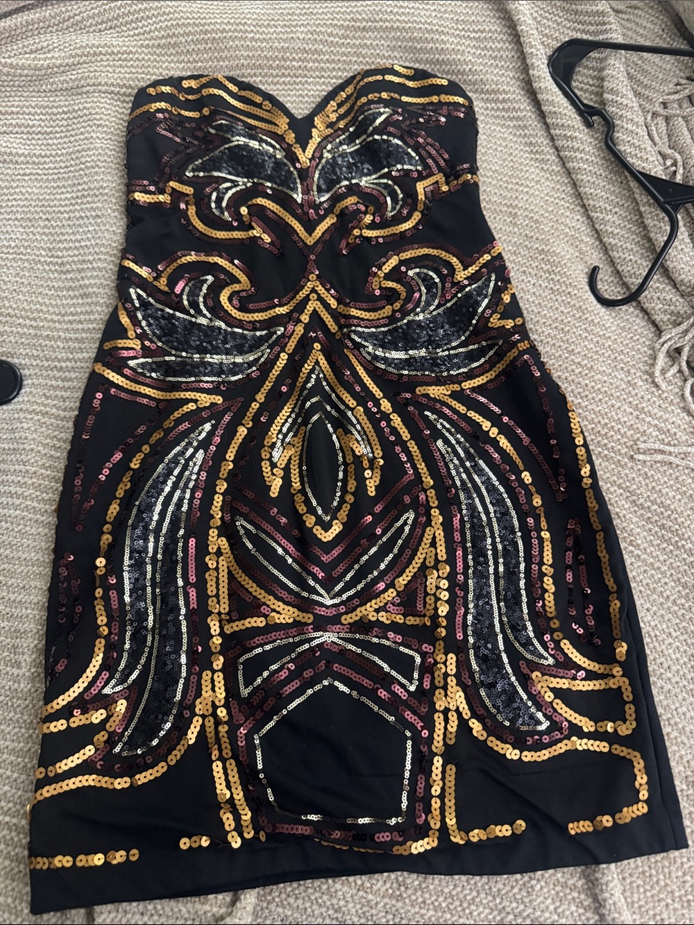 H&M Black Strapless Sequin Cocktail Dress with Gold & Silver Accents